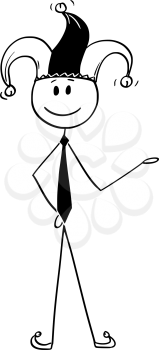 Cartoon stick figure drawing conceptual illustration of smiling man or businessman in jester costume offering or showing something.