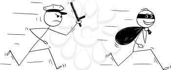 Cartoon stick figure drawing conceptual illustration of smiling thief running with bag of loot and policemen chasing him.