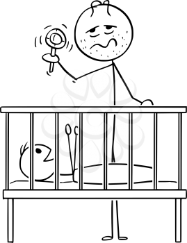 Cartoon stick figure drawing conceptual illustration of dead tired parent or father entertaining baby in cot in night with rattle.