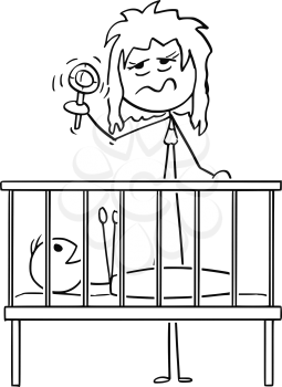 Cartoon stick figure drawing conceptual illustration of dead tired parent or mother entertaining baby in cot in night with rattle.