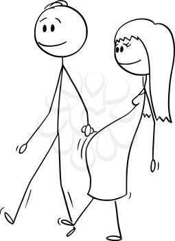 Vector cartoon stick figure drawing conceptual illustration of couple of man and pregnant woman walking together and holding hands.