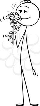 Vector cartoon stick figure drawing conceptual illustration of man enjoying smelling the nice smell of rose flower.