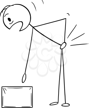 Vector cartoon stick figure drawing conceptual illustration of man who injured his back while lifting up or carry the box. Backache or back pain concept.