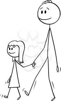 Vector cartoon stick figure drawing conceptual illustration of man o father or dad together with small girl or daughter. They are walking and holding hands.
