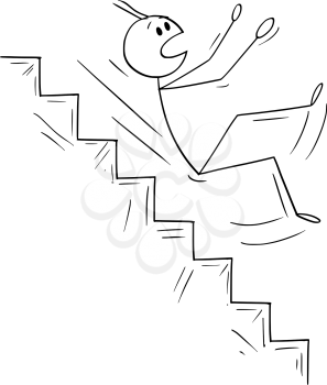 Vector cartoon stick figure drawing conceptual illustration of man or businessman falling down on dangerous stairs. Business concept of crisis and bankruptcy.