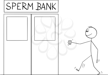 Vector cartoon stick figure drawing conceptual illustration of man walking in sperm bank with cup of sperm to test it or sell it.