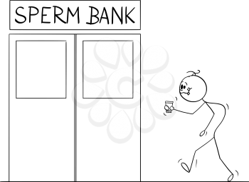 Vector cartoon stick figure drawing conceptual illustration of ugly and deformed man walking in sperm bank with cup of sperm to test it or sell it.