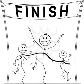 Vector cartoon stick figure drawing conceptual illustration of victorious man, who is first on the finish line of the race or rune and beating his slower business competitors.