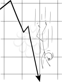 Vector cartoon stick figure drawing conceptual illustration of man or businessman falling down along the graph arrow. Business metaphor of crisis.