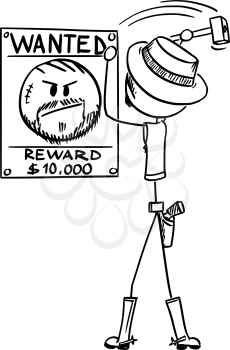 Vector cartoon stick figure drawing conceptual illustration of western cowboy or sheriff nailing criminal wanted and reward poster.