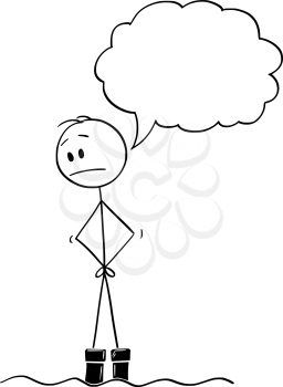 Vector cartoon stick figure drawing conceptual illustration of man with speech bubble standing in water flood and watching with concern how the water continue to rise.