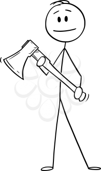 Vector cartoon stick figure drawing conceptual illustration of man or lumberjack or forest worker holding ax or axe.