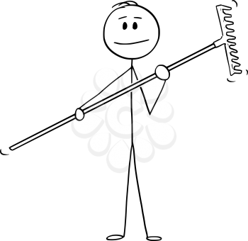 Vector cartoon stick figure drawing conceptual illustration of man or farmer or gardener holding rake.