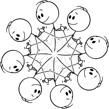 Vector cartoon stick figure drawing conceptual illustration of circular element of eight men drawing each other with pencil creating endless circle.