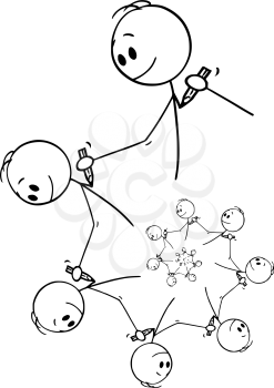 Vector cartoon stick figure drawing conceptual illustration of fractal element of men or artists drawing each other with pencil creating endless spiral design element.
