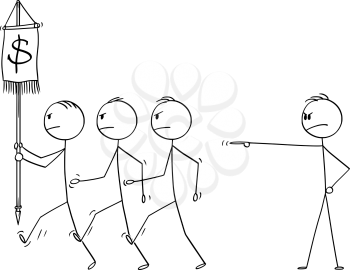 Vector cartoon stick figure drawing conceptual illustration of manager or boss sending his team of businessmen in to business battle with market or competitors for money.