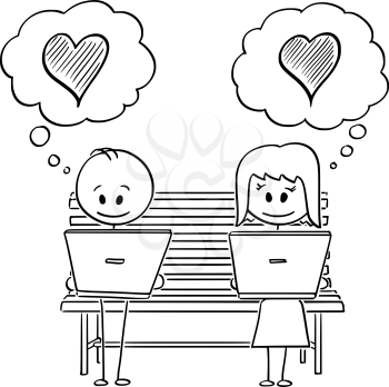 Vector cartoon stick figure drawing conceptual illustration of couple of man and woman sitting on park bench, both using computer and looking for love on social media but ignoring each other.
