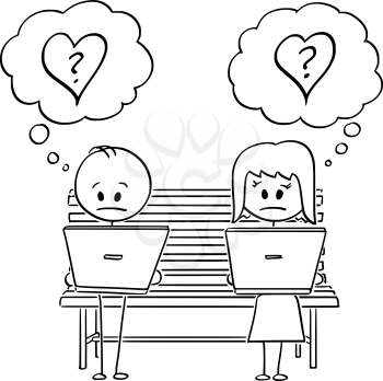 Vector cartoon stick figure drawing conceptual illustration of couple of man and woman sitting on park bench, both using computer and looking for love on social media but ignoring each other.