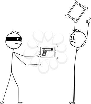 Vector cartoon stick figure drawing conceptual illustration of masked criminal, or robber with virtual gun as image on mobile phone, or tablet mugging a man with hands up.