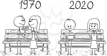 Cartoon stick drawing conceptual illustration of romantic loving couple sitting on park bench in 1970, and similar couple using phones and social networks in 2020.