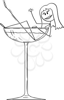 Vector cartoon stick figure drawing conceptual illustration of burlesque sexy seductive woman taking bath in big cocktail glass.