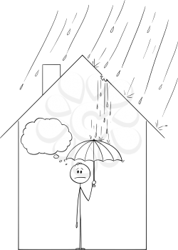 Vector cartoon stick figure drawing conceptual illustration of frustrated man holding umbrella inside his family house, because rain is coming through the hole in roof.