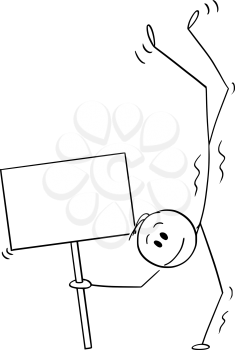 Cartoon stick figure drawing conceptual illustration of man performing a handstand or keeping balance while standing on hands and holding empty sign.