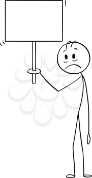Cartoon stick figure drawing conceptual illustration of depressed and sad man holding empty or blank sign ready for your text.