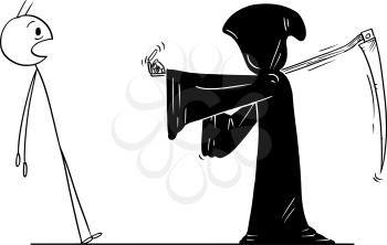 Cartoon stick figure drawing conceptual illustration of man ordered by grim reaper with scythe and in black hood to follow him. Metaphor of death.