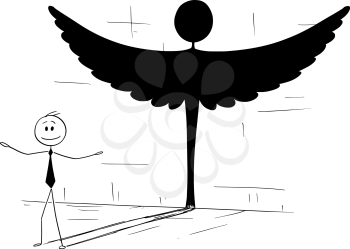 Cartoon stick figure drawing conceptual illustration of good businessman or politician casting shadow in shape of angel.