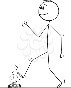 Cartoon stick figure drawing conceptual illustration of man walking happily and stepping his foot on the dog excrement or poop or stool or shit.