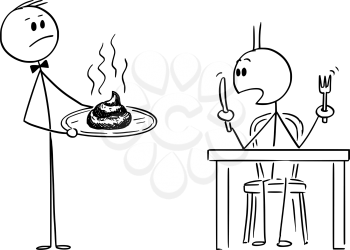 Cartoon stick figure drawing conceptual illustration of waiter in fancy or luxury restaurant serving shit or excrement to surprised hungry man.