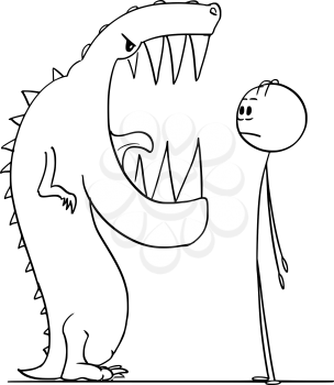 Cartoon stick figure drawing conceptual illustration of shocked man watching big teeth in mouth of dangerous lizard monster.