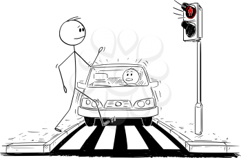 Cartoon stick figure drawing conceptual illustration of man walking on crosswalk or pedestrian crossing ignoring that red light is on on stoplights and car is getting closer.