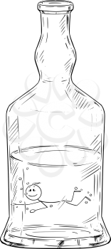 Vector cartoon stick figure drawing conceptual illustration of man swimming in hard liquor or spirits bottle. Metaphor of addiction and alcoholism.