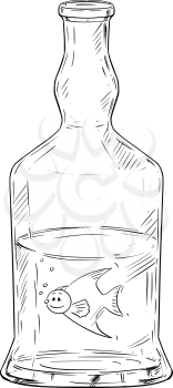 Vector cartoon stick figure drawing conceptual illustration of man as fish swimming in hard liquor or spirits bottle. Metaphor of addiction and alcoholism.