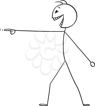 Vector cartoon stick figure drawing conceptual illustration of mad or crazy man or person pointing his finger and laughing.