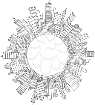 Vector drawing of high rise modern buildings covering globe or circle as representation of global civilization or business. Concept of financial sector and global economics.