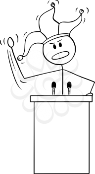 Vector cartoon stick figure drawing conceptual illustration of fool or foolish man, businessman or politician having speech behind lectern with jester hat.