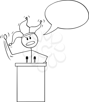 Vector cartoon stick figure drawing conceptual illustration of fool or foolish man, businessman or politician having speech behind lectern with jester hat.