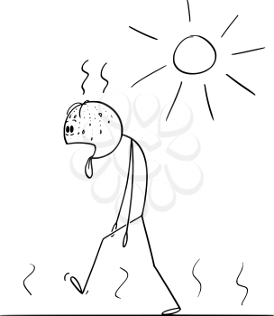 Vector cartoon stick figure drawing conceptual illustration of thirsty and exhausted man walking in sunny day in summer with tongue lolling out.