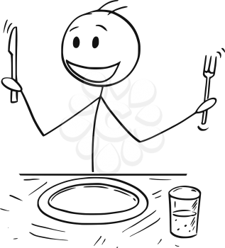 Cartoon stick drawing illustration of enthusiastic hungry man holding fork and knife sitting at table and waiting for food.