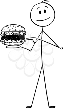 Cartoon stick drawing conceptual illustration of smiling man holding hamburger.