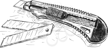 Vector artistic pen and ink drawing illustration of snap-off utility knife and blades .