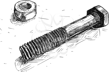 Vector artistic pen and ink drawing illustration of bolt or screw and nut isolated.