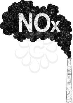 Vector artistic pen and ink drawing illustration of smoke coming from industry or factory smokestack or chimney into air. Environmental concept of nitrogen oxides or NOx pollution.