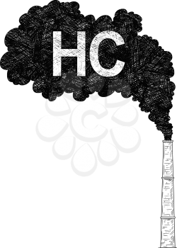 Vector artistic pen and ink drawing illustration of smoke coming from industry or factory smokestack or chimney into air. Environmental concept of HC or hydrocarbon pollution.