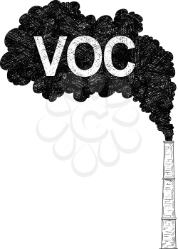 Vector artistic pen and ink drawing illustration of smoke coming from industry or factory smokestack or chimney into air. Environmental concept of VOC or volatile organic compound pollution.