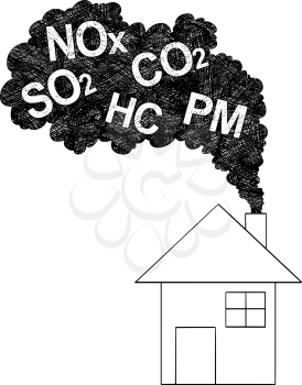 Vector artistic pen and ink drawing illustration of smoke coming from house chimney into air. Environmental concept of pollution.