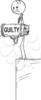 Cartoon stick drawing conceptual illustration of sad and depressed man or businessman who feels guilt by something standing on edge of precipice or chasm and holding big stone with guilty text tied to his neck.